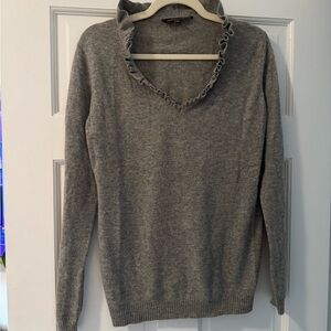 Adrienne Vittadini Gray Cashmere Ruffle-Trim V-Neck Sweater